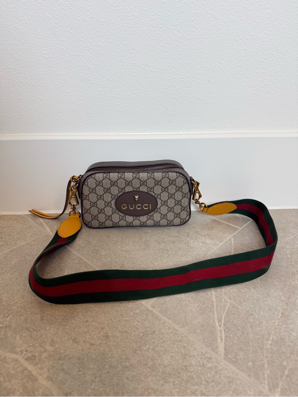 Gucci Beige/Brown GG Supreme Crossbody with Green-Red Web Strap